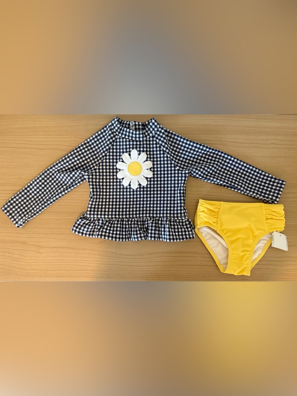 Little Me Navy & White Gingham Daisy with Yellow Bikini Bottoms
